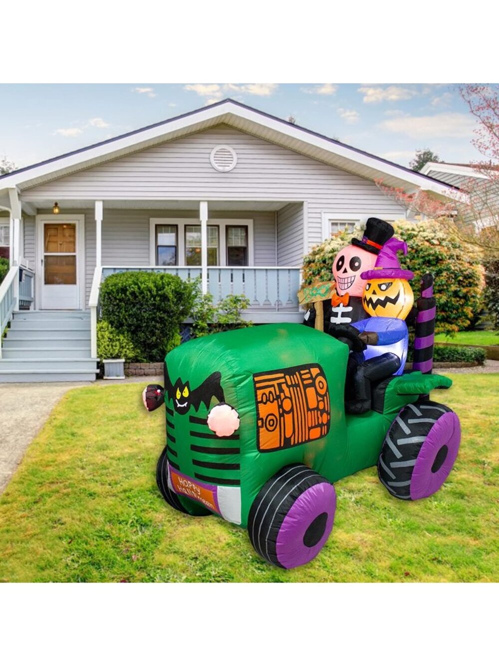 🎃5.5Ft Long Halloween Inflatable Ghost Tractor Decoration with LED Lights